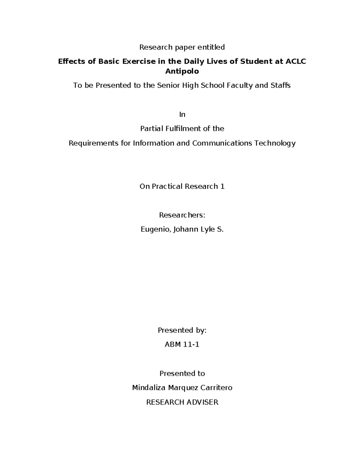 Effects of basic exercise on students' daily lives at ACLC Antipolo ...