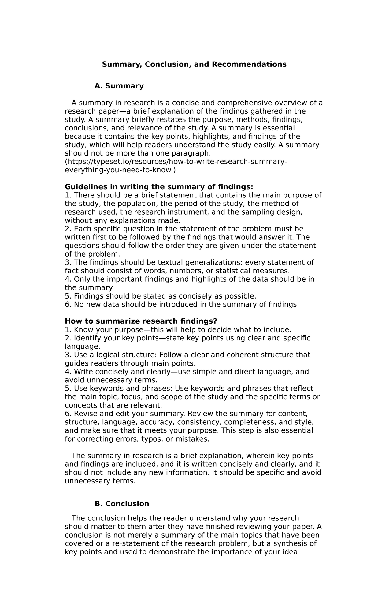 Summary, Conclusion, and Recommendations in Research - Studocu