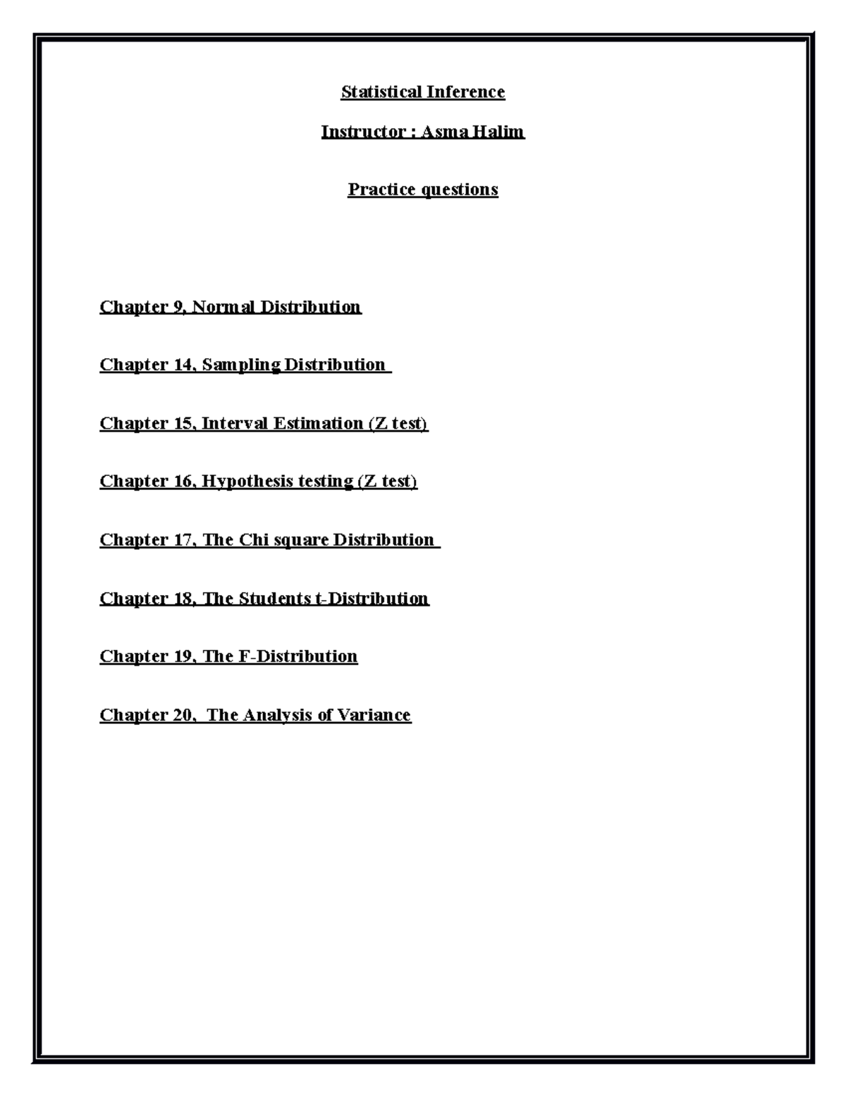 Statistical Inference Practice Questions for Chapters 9, 15-20 - Studocu
