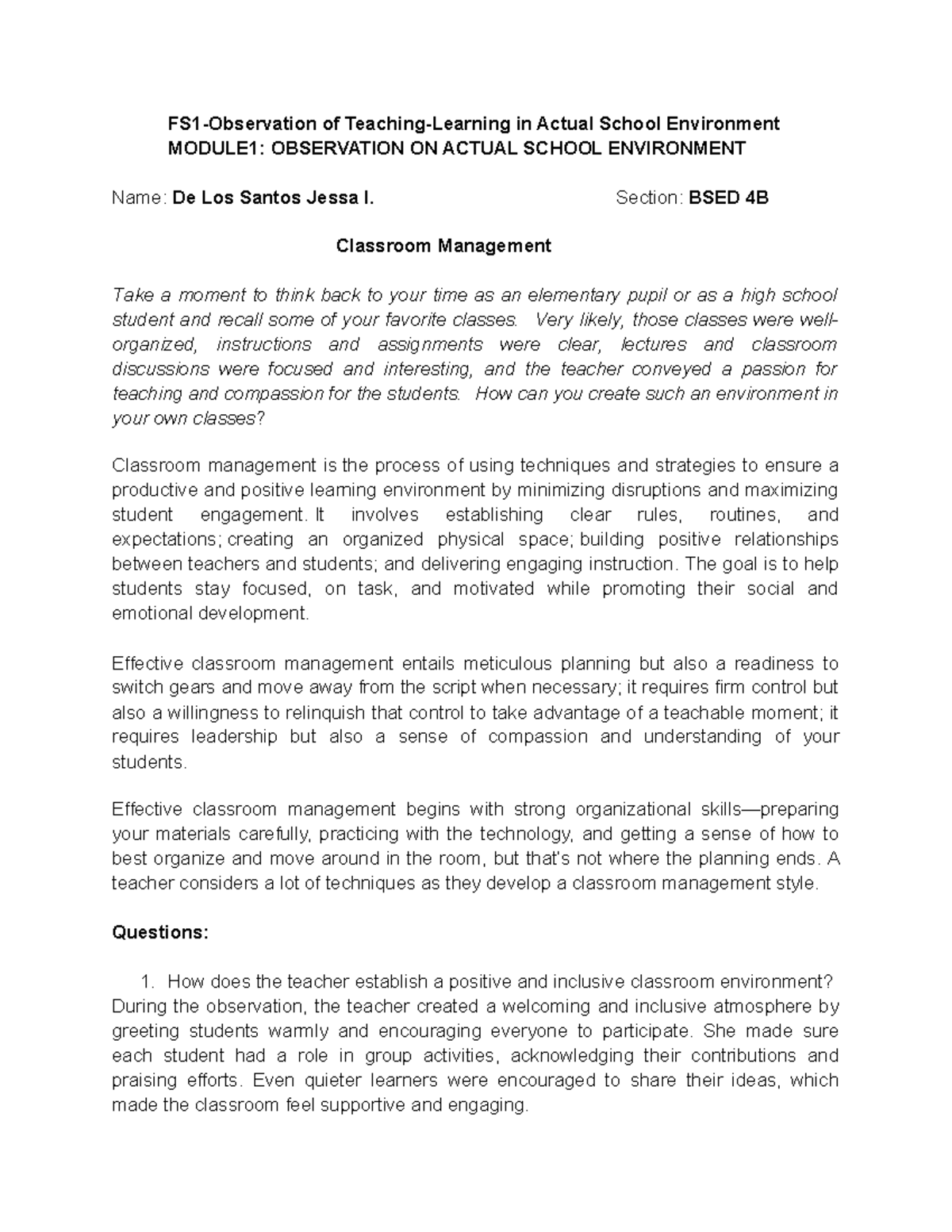 BSED 4B: Classroom Management Observations in Actual School Environment ...