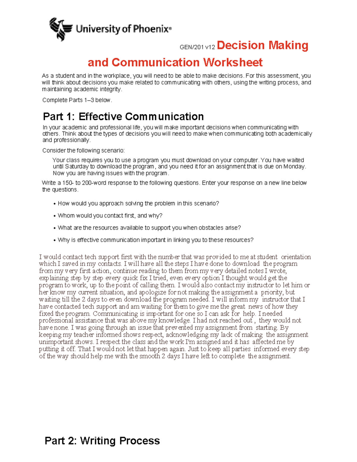 GEN/201 v12 Decision Making and Communication Worksheet for Week 3 ...