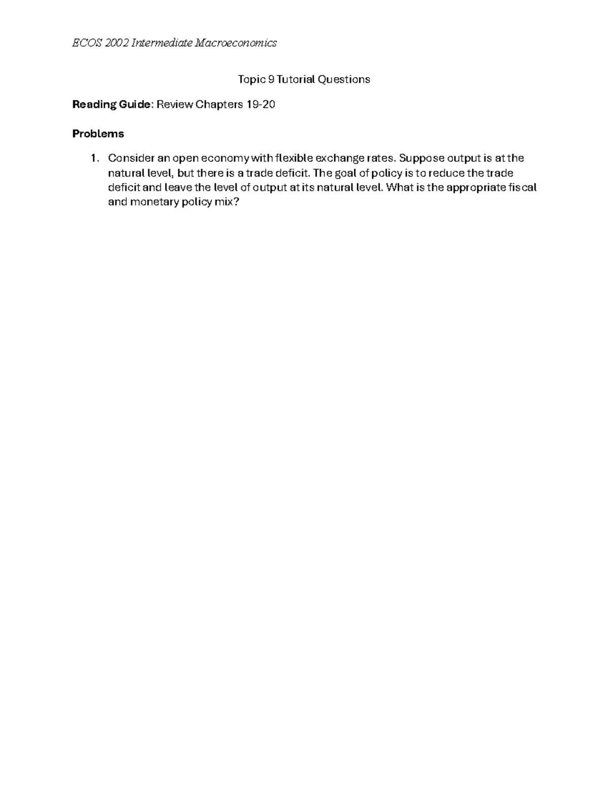 ECOS 2002 Intermediate Macroeconomics Topic 7 Tutorial Questions Guide ...