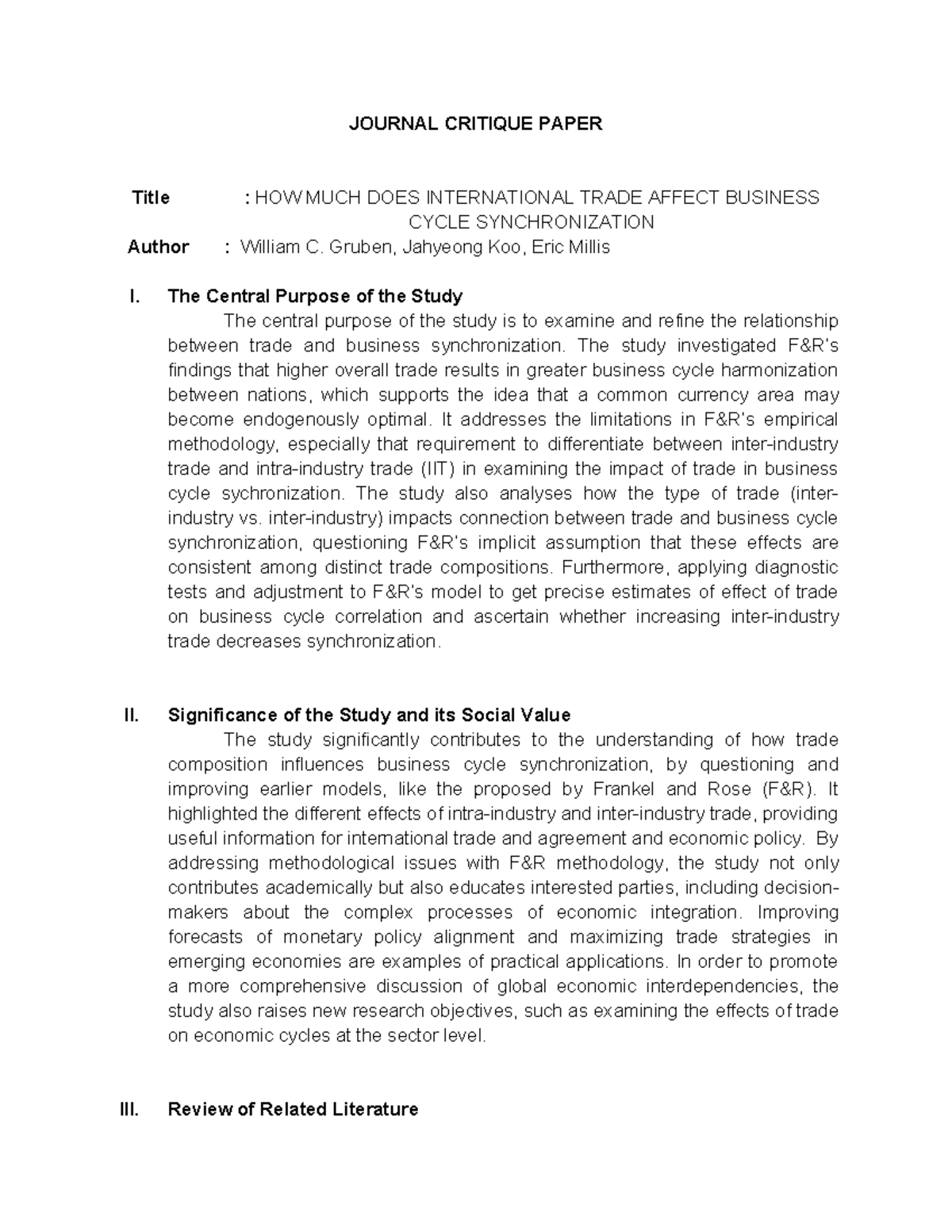 Journal Critique Paper - International Trade - JOURNAL CRITIQUE PAPER ...