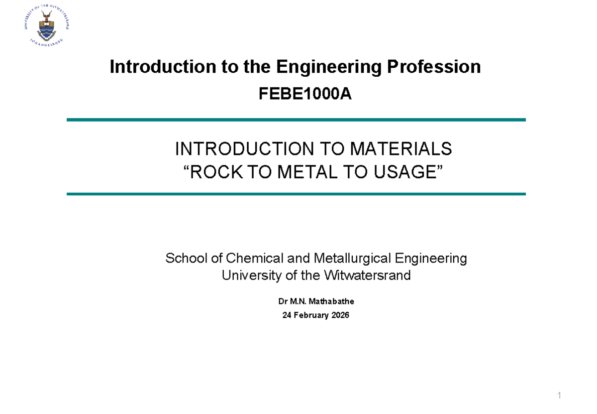 FEBE1000A Lecture: Introduction to Materials Engineering - Studocu