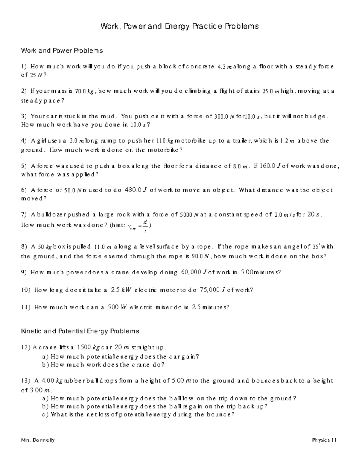 Physics 11: Work, Energy, and Power Practice Problems - Studocu