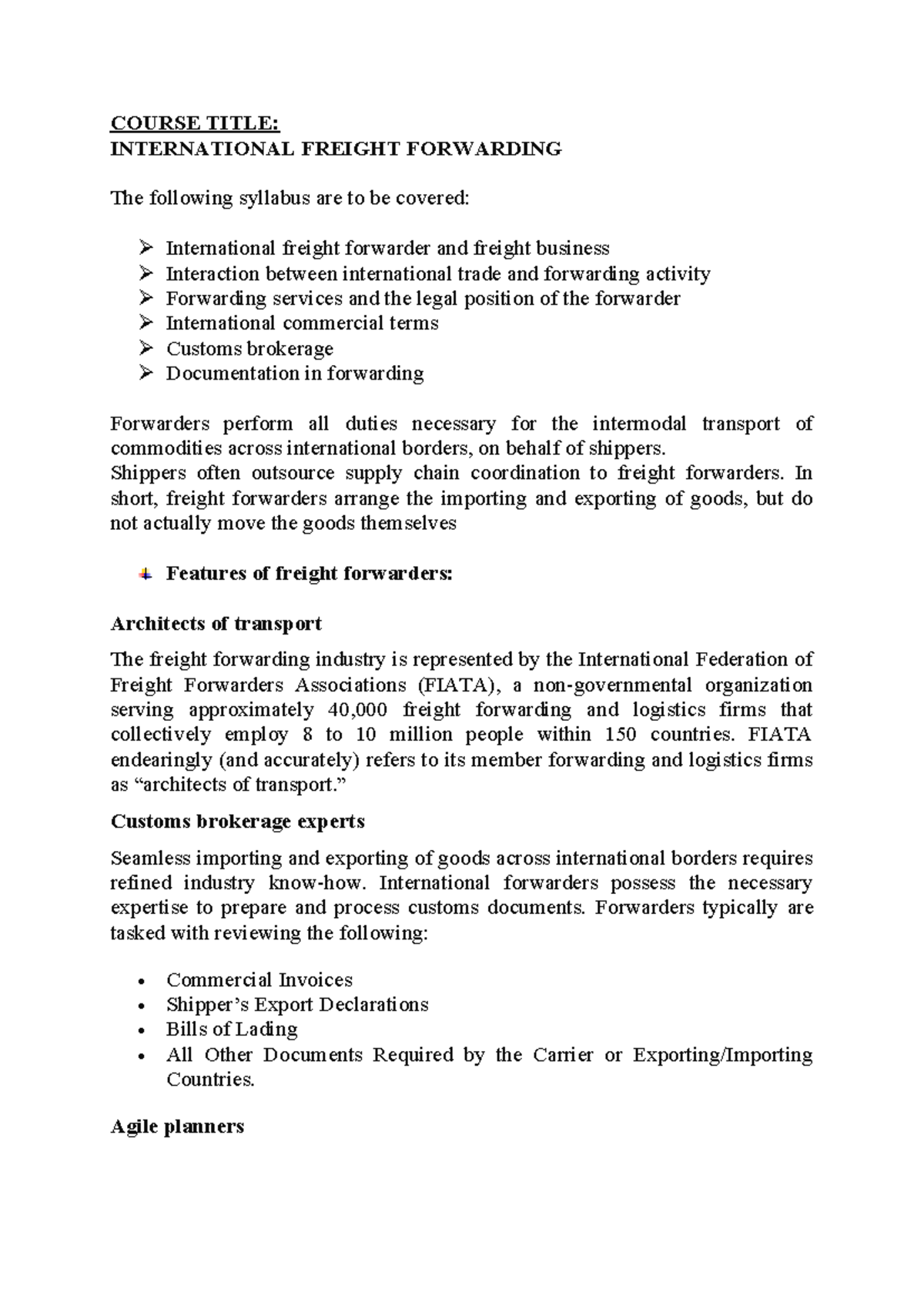 INTERNATIONAL FREIGHT FORWARDING: Comprehensive Course Overview - Studocu
