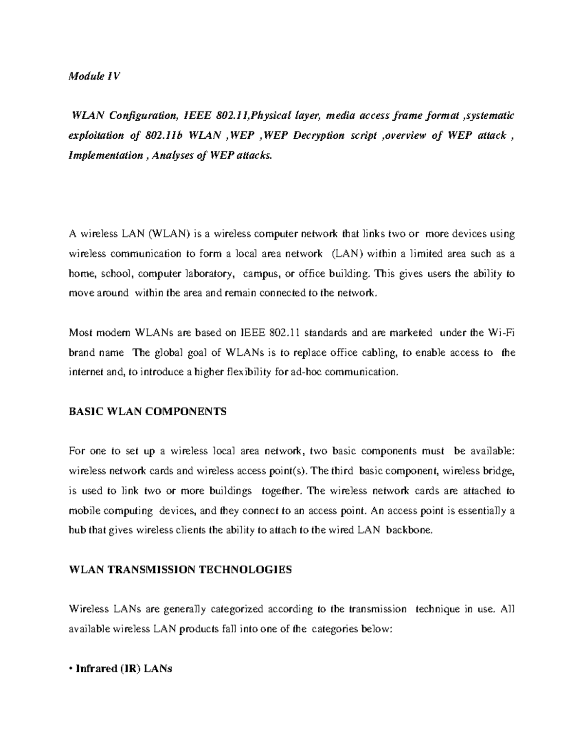 Module IV: WLAN Configuration & WEP Security Analysis - Studocu