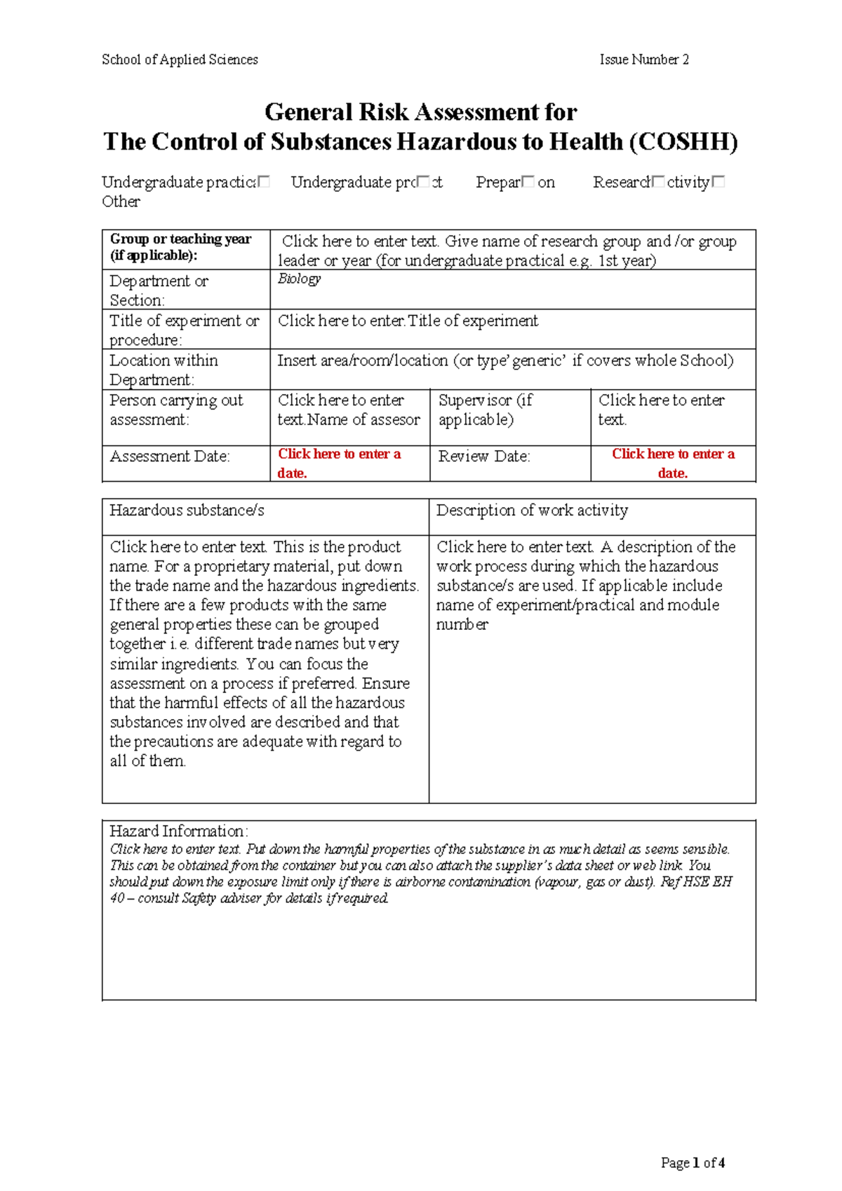 COSHH Risk Assessment Template for BY392 Practical Activities - Studocu