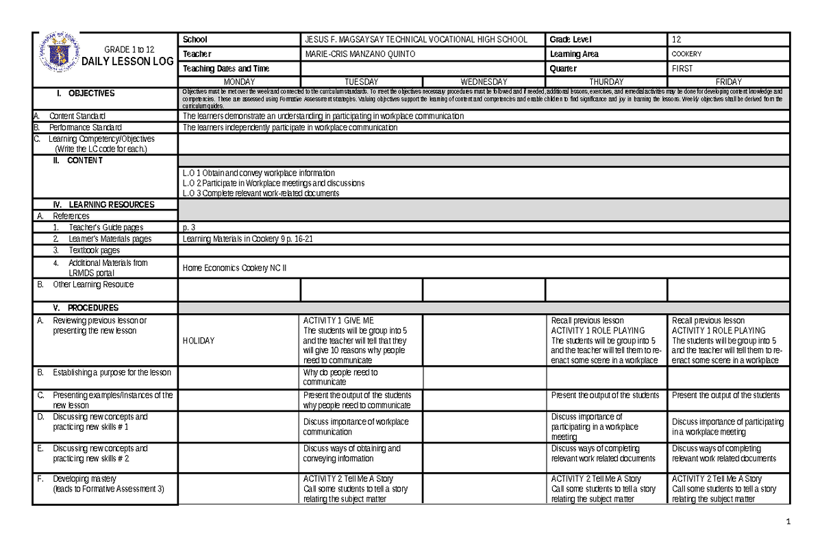 DLL- Cookery 12- Daily Lesson Log for Week 1 - Studocu