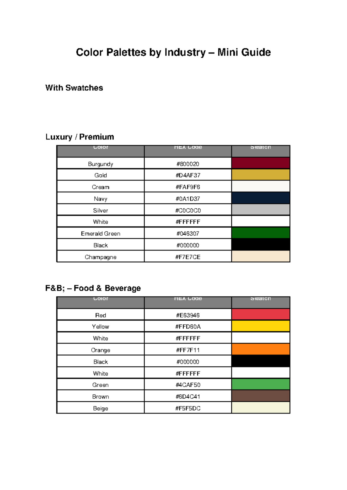 Color Palettes & Swatches Guide: HEX Codes for Various Industries - Studocu