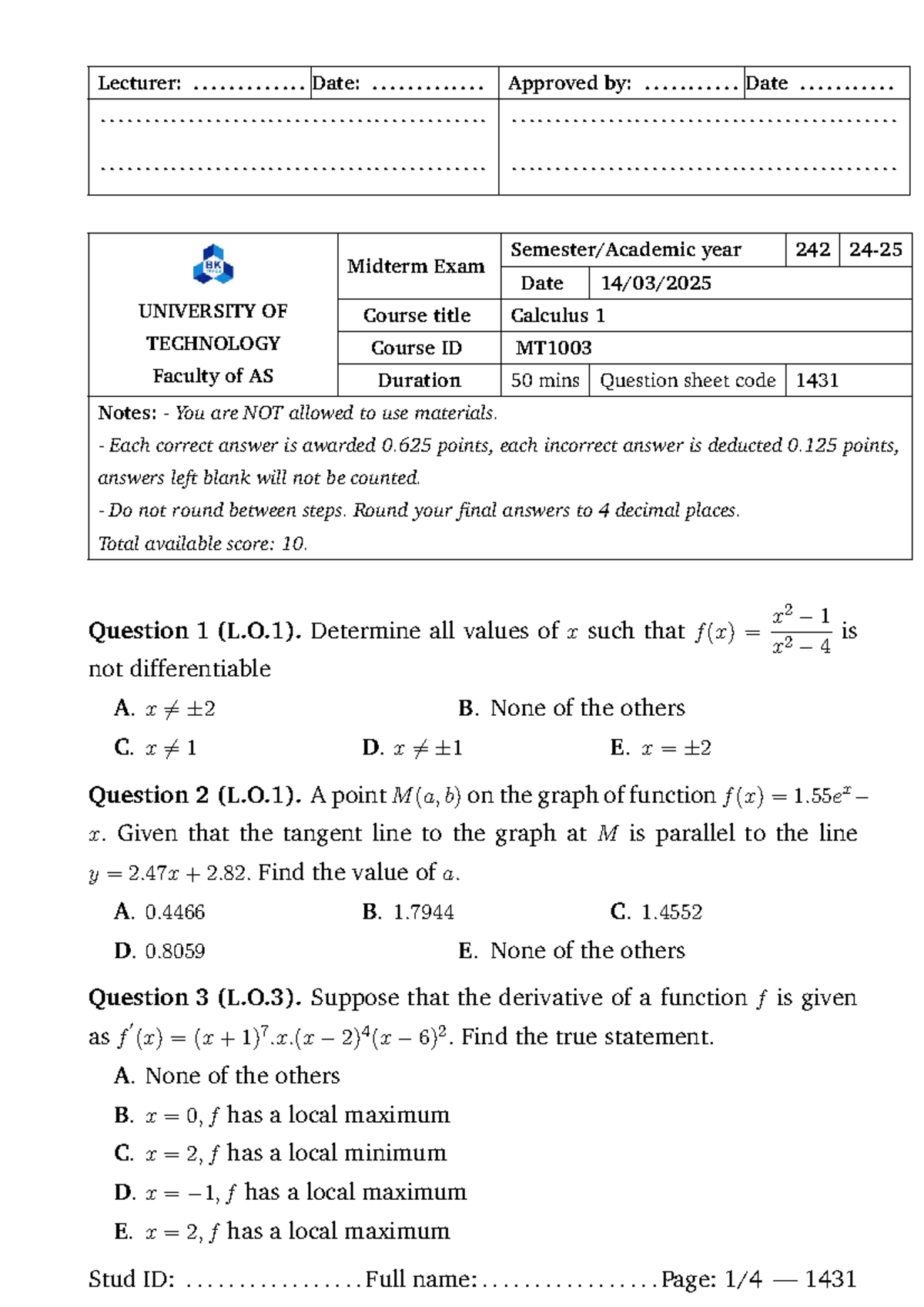 Midterm Exam MT1003: Calculus 1 Question Sheet & Solutions - Studocu