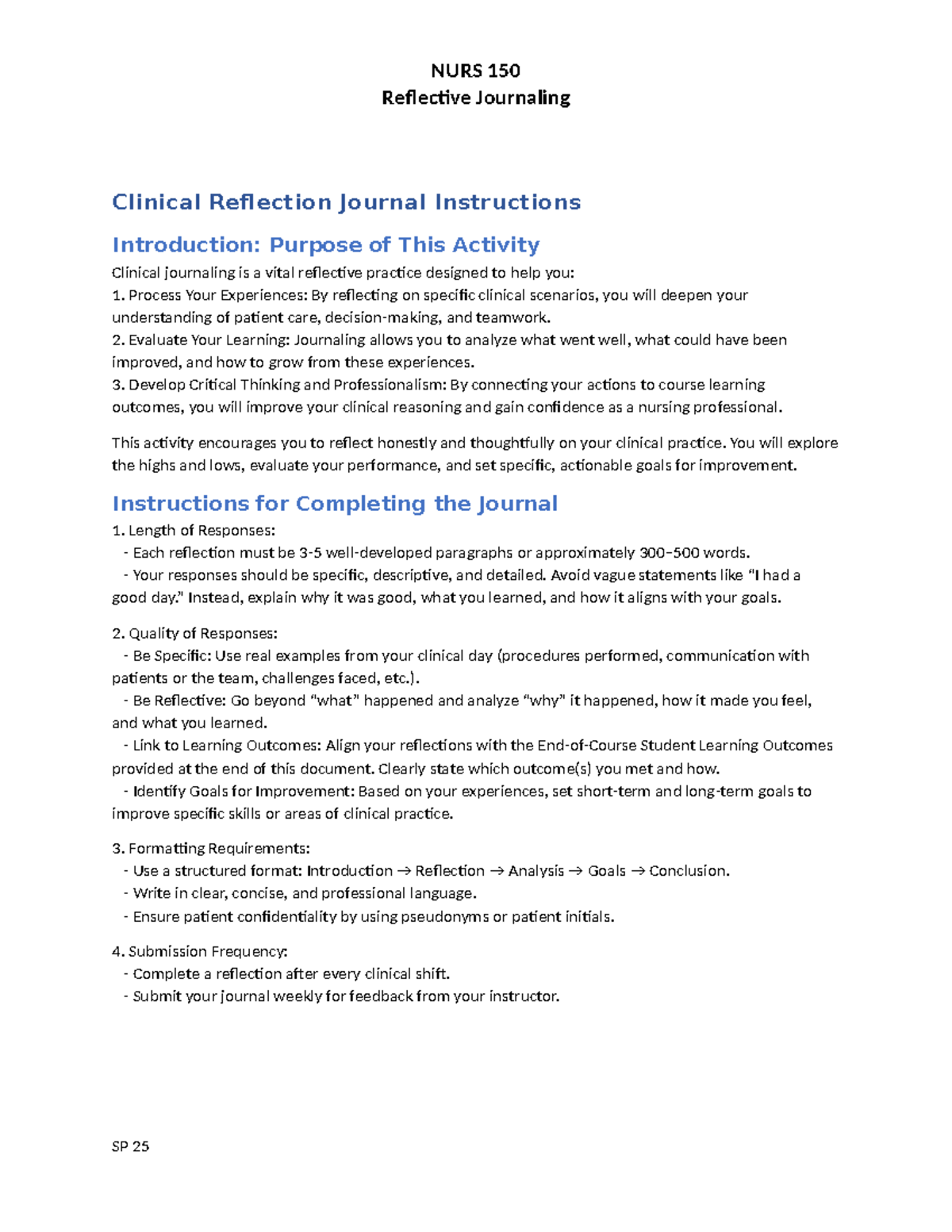 NURS 150 Reflective Journaling: Clinical Reflection Guidelines - Studocu