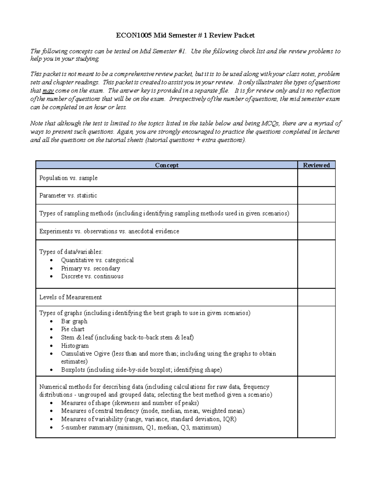 ECON1005 Midterm 1 Review Packet and Practice Questions - Studocu