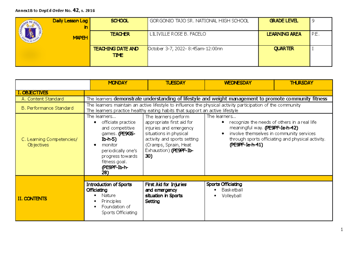 Q1 Grade 9 PE DLL Week 1 - For Class Observation - Daily Lesson Log in ...