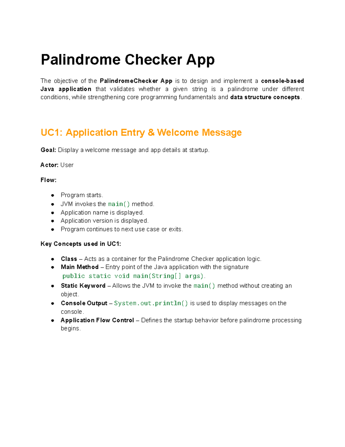 UC1: Palindrome Checker App - Application Entry & Welcome Message - Studocu