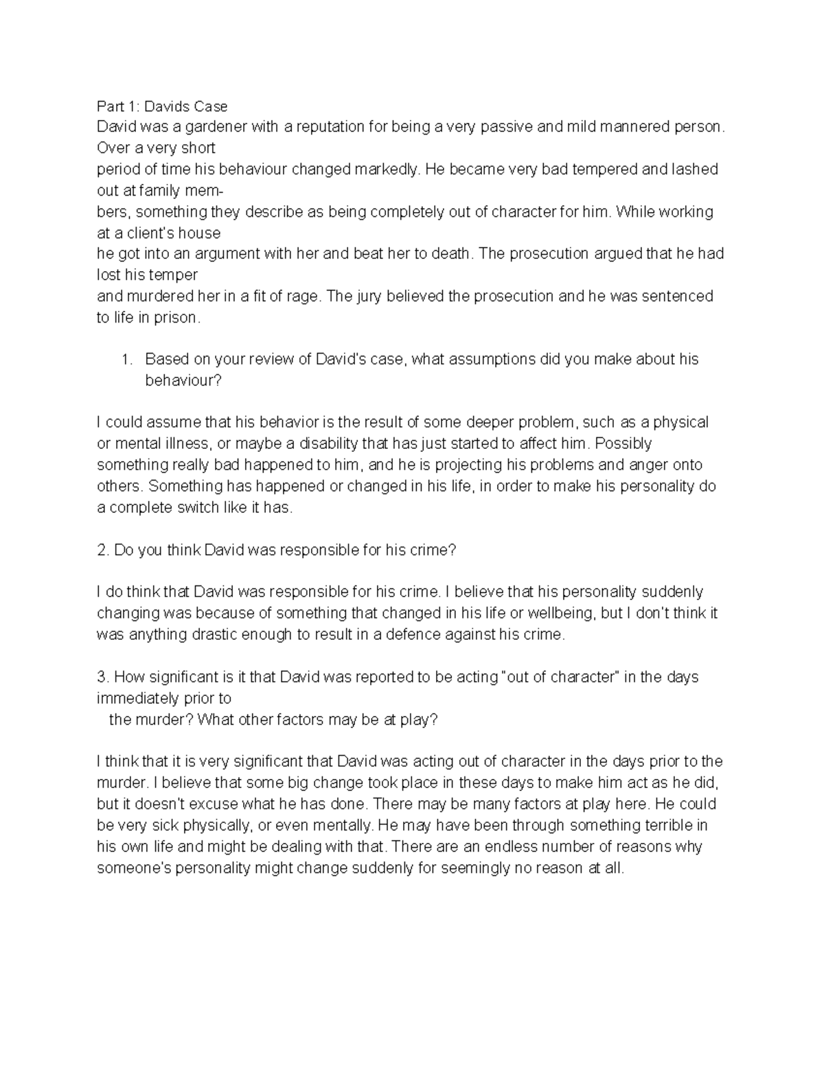 DAV 301: Analysis of David's Case Study on Aggression and ...