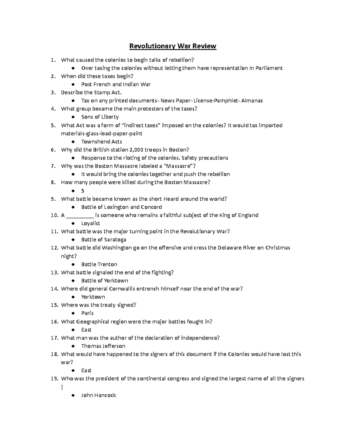 Revolutionary War Review Notes: Key Events & Concepts - Revolutionary ...