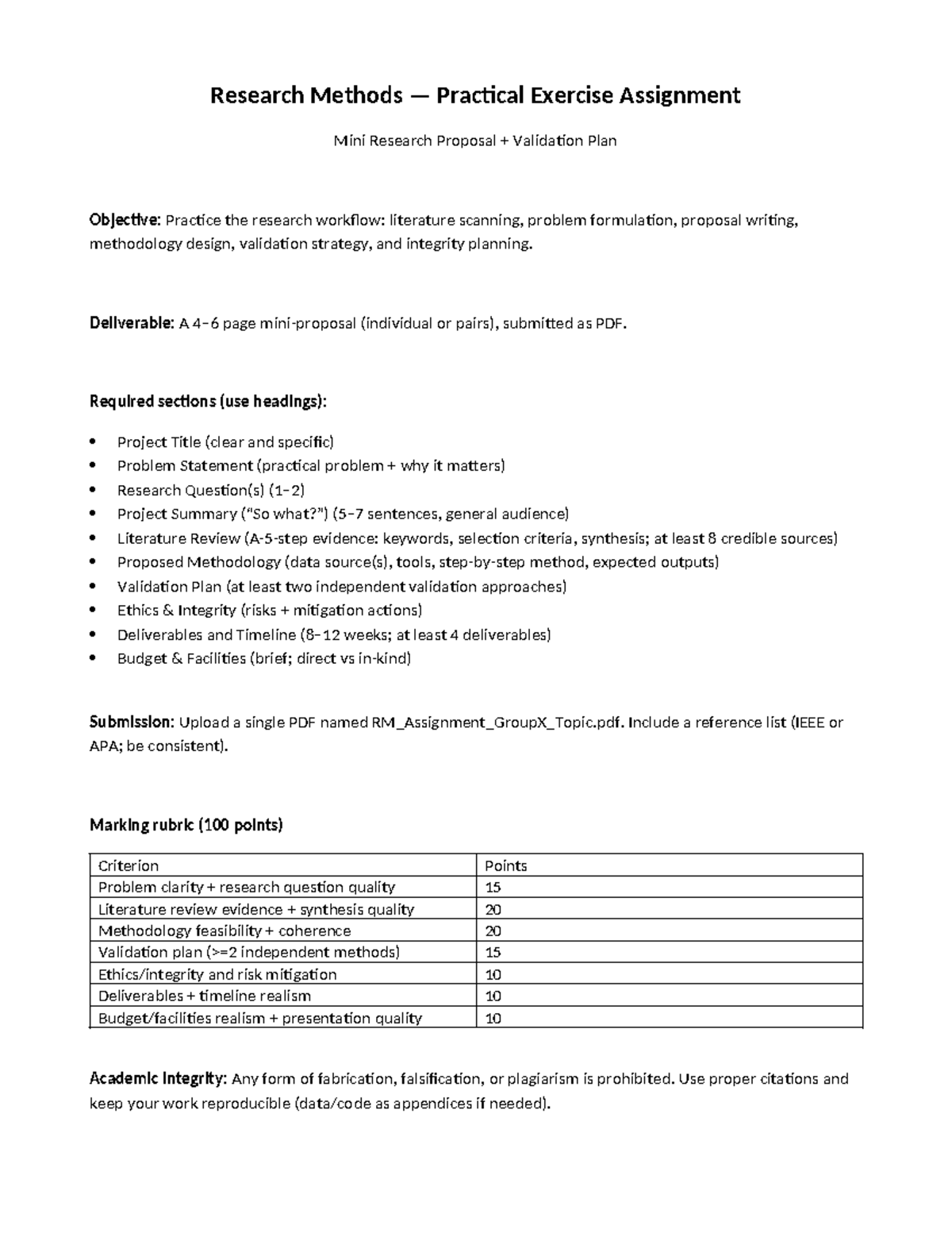 RM 101: Mini Research Proposal Validation Plan Assignment - Studocu