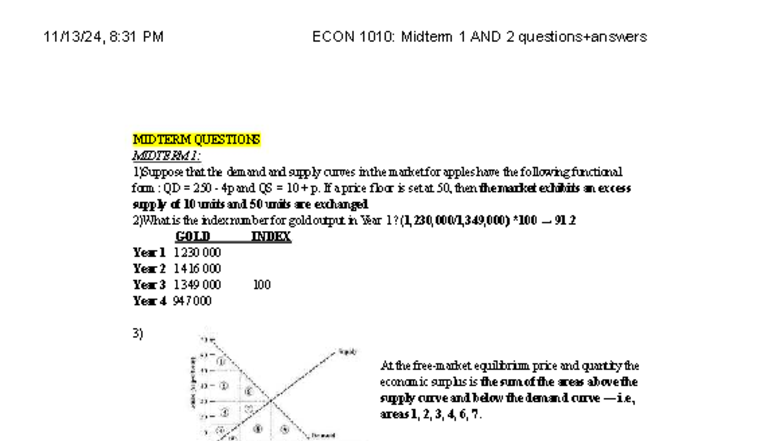 ECON 1010: Midterm 1 & 2 Questions and Answers - Studocu