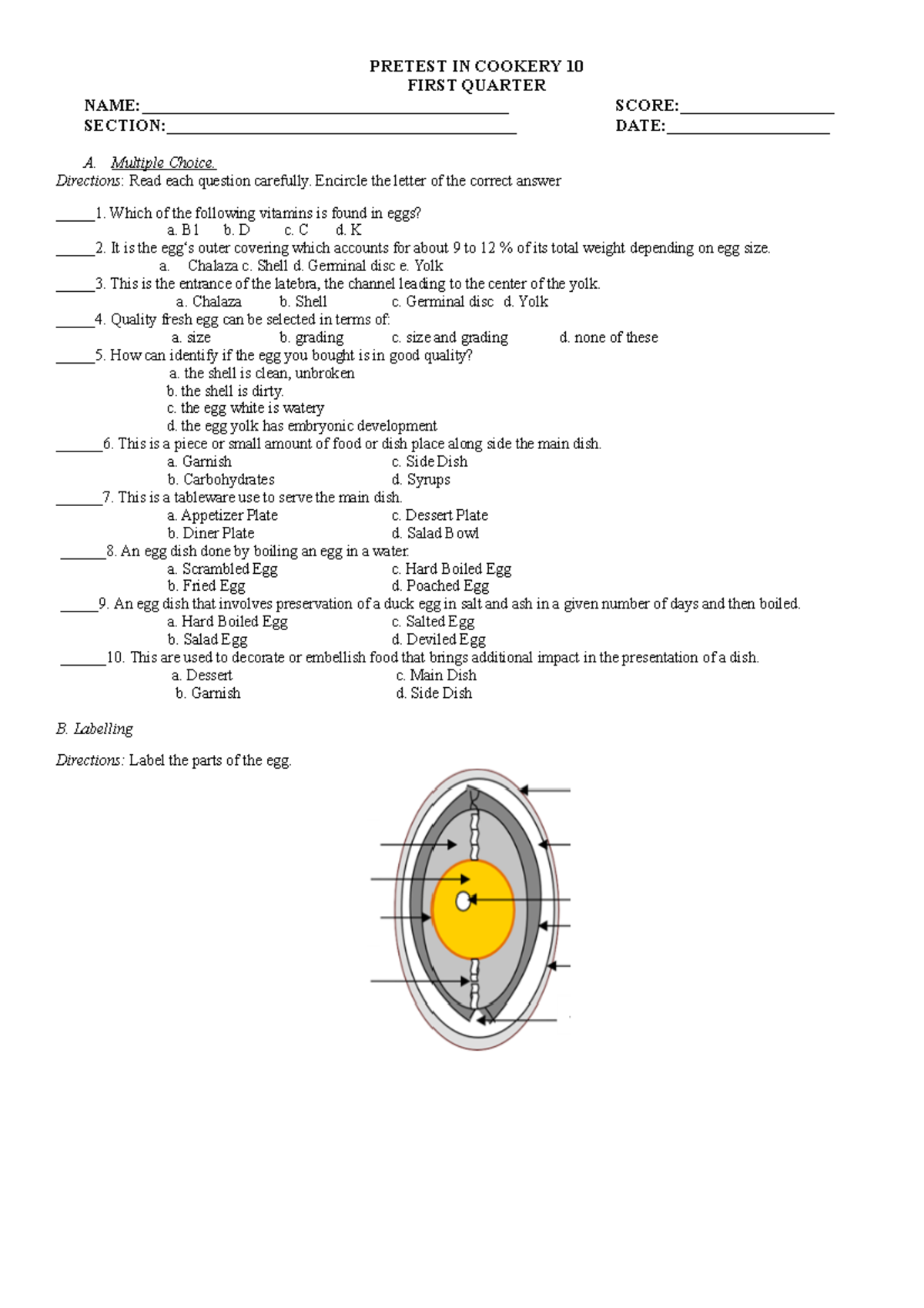 Pretest IN Cookery 10: Multiple Choice & Labelling Questions - Studocu