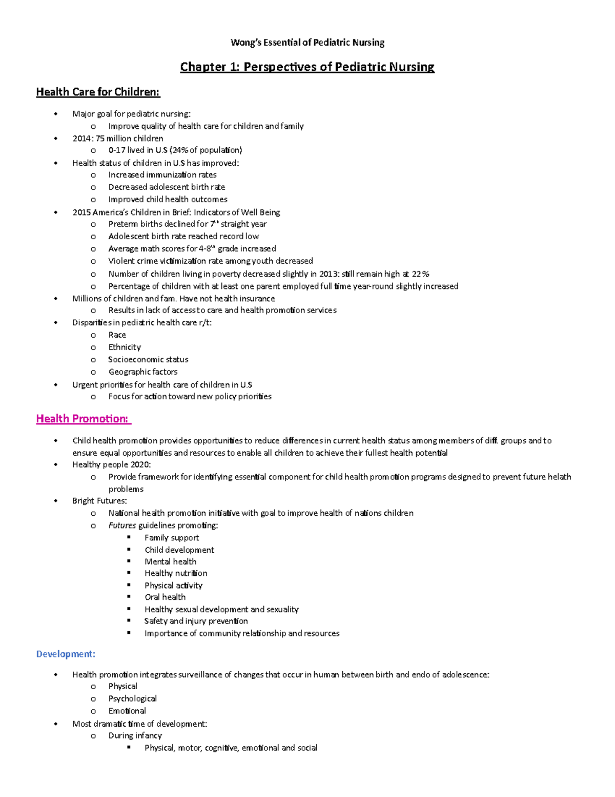 PEDS 101: Chapter 1 Notes on Pediatric Nursing Perspectives - Studocu