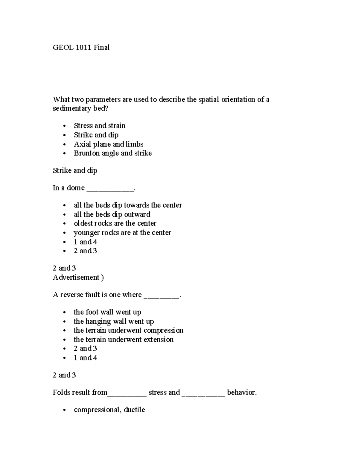 GEOL 1011 Final Exam Study Notes on Sedimentary Structures and Faults ...