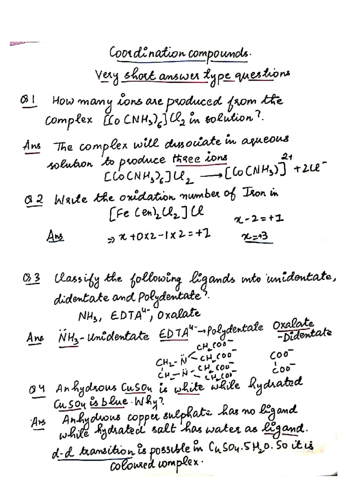 Coordination Compounds (CHEM101) Important Questions and Answers - Studocu