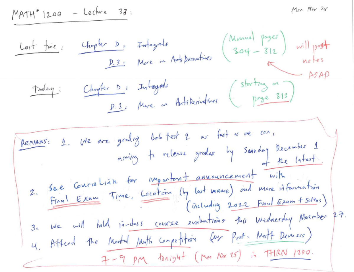 1200 Lecture 33: Integrals and Anti-Derivatives Notes (Nov 25) - Studocu