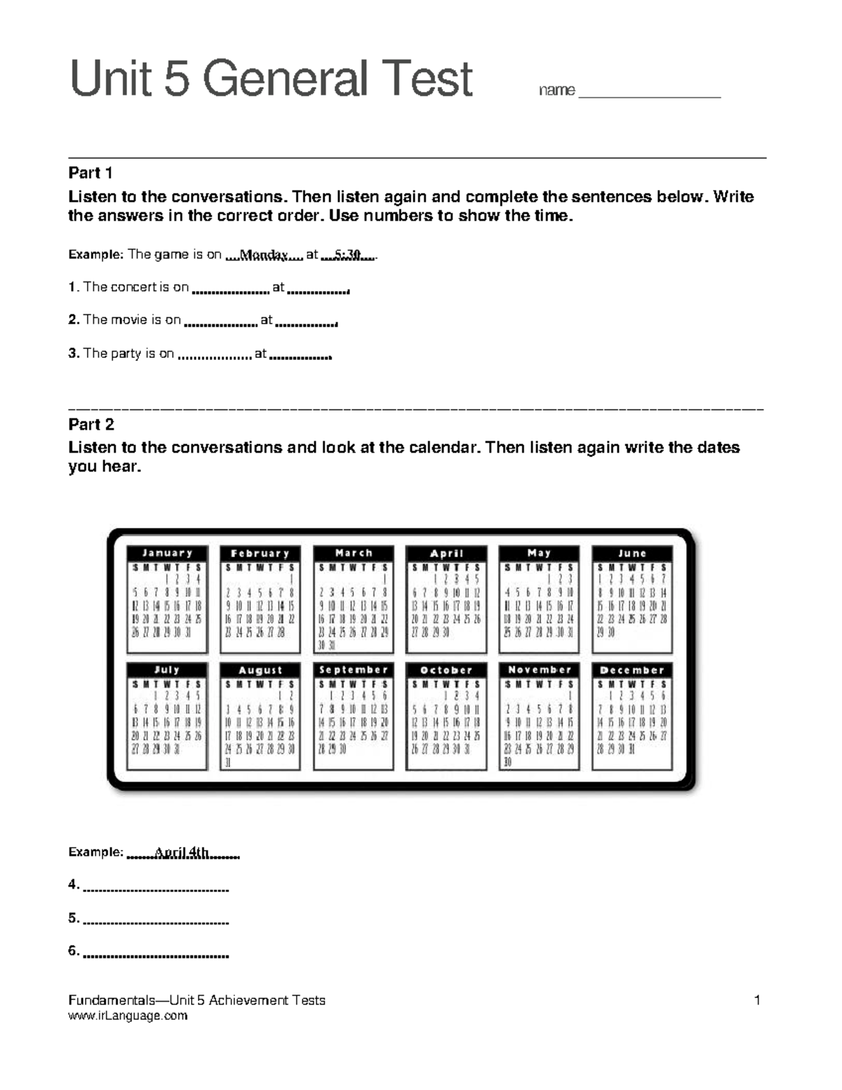 Top Notch Fundamentals Unit 5 Assessment - Unit 5 General Test name ...