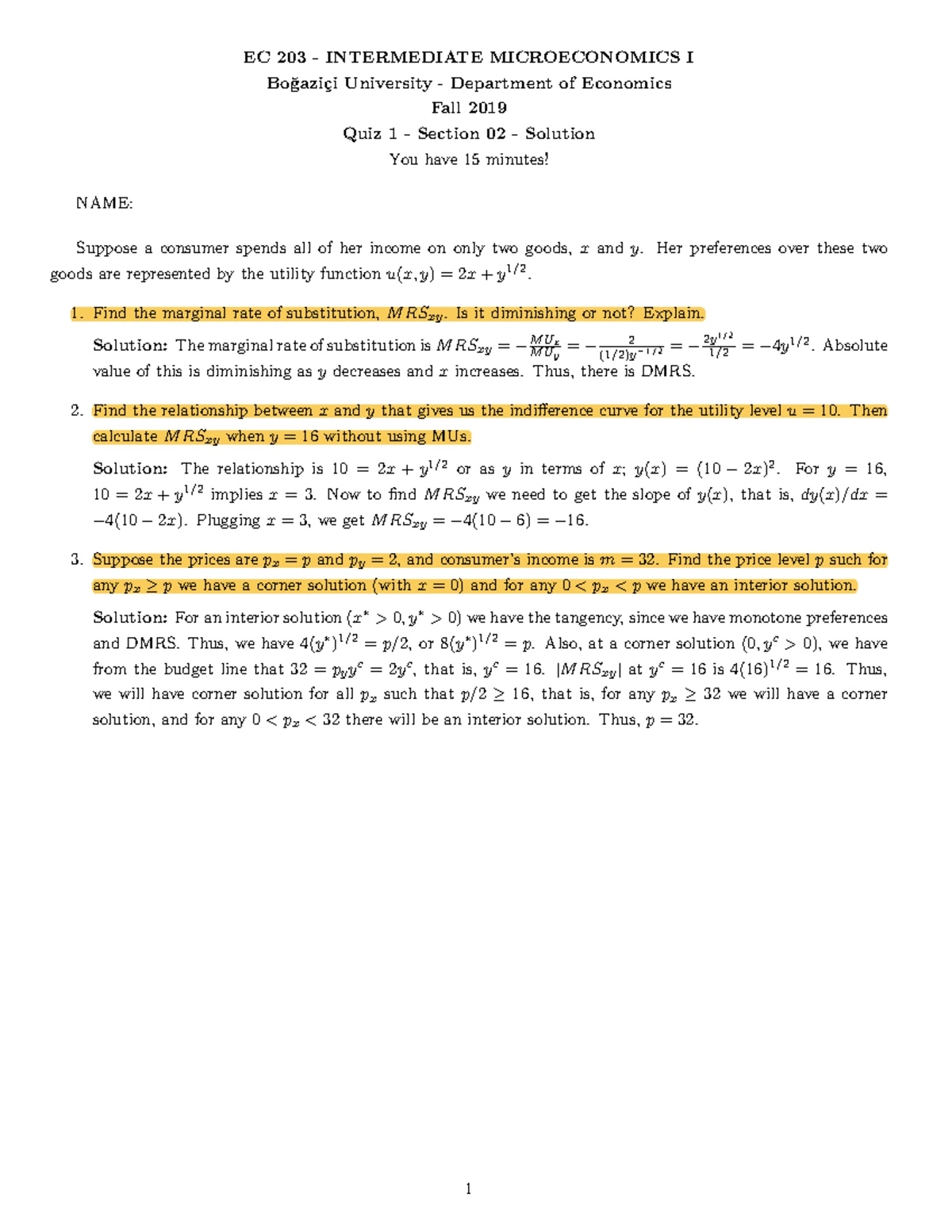 EC 203 Intermediate Microeconomics - Quiz 3 Solutions - Studocu