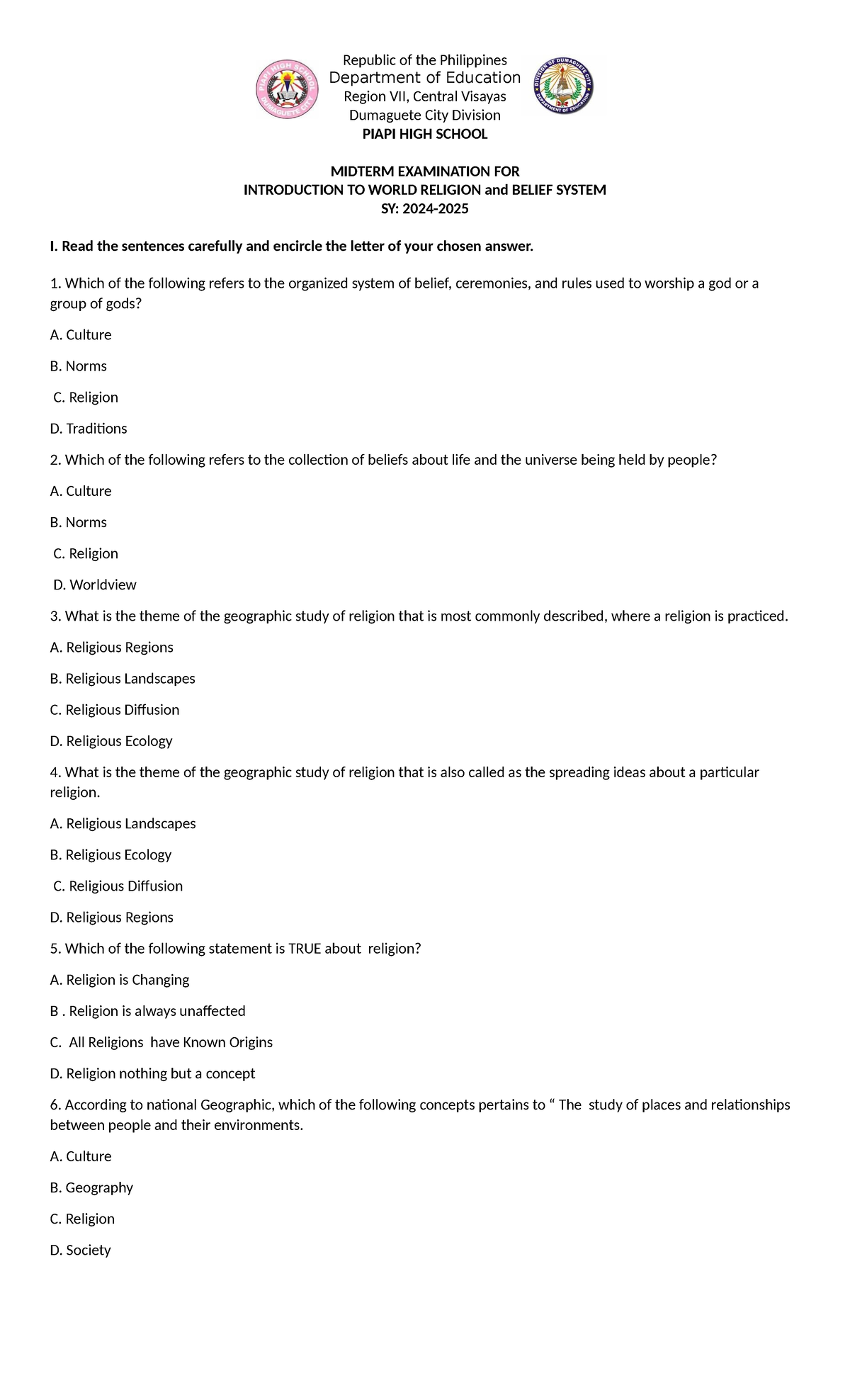 Midterm Exam for Introduction to World Religion (SY: 2024-) - Studocu