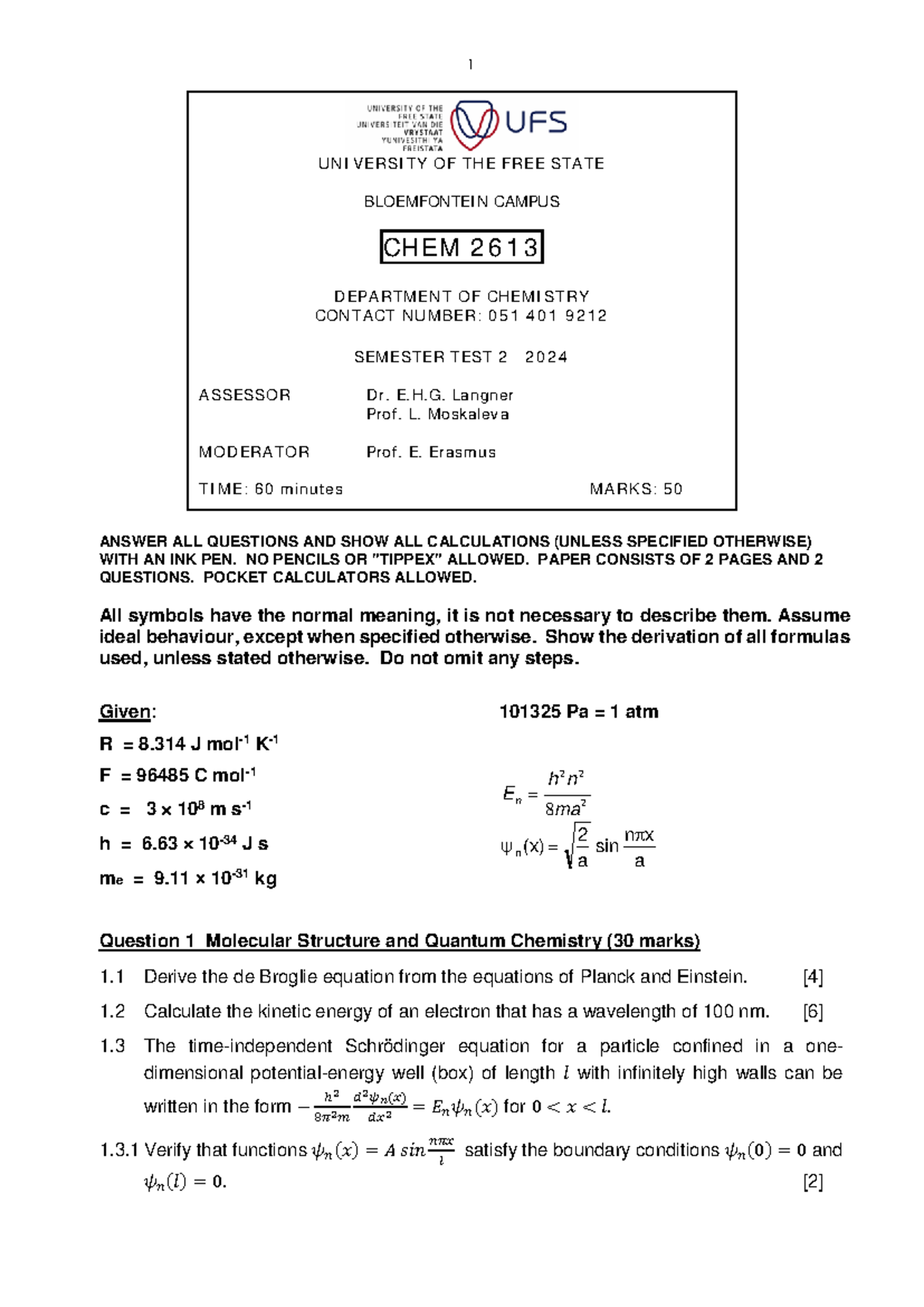 CHEM2613 Semester Test 2 2024 with Solutions and Explanations - Studocu