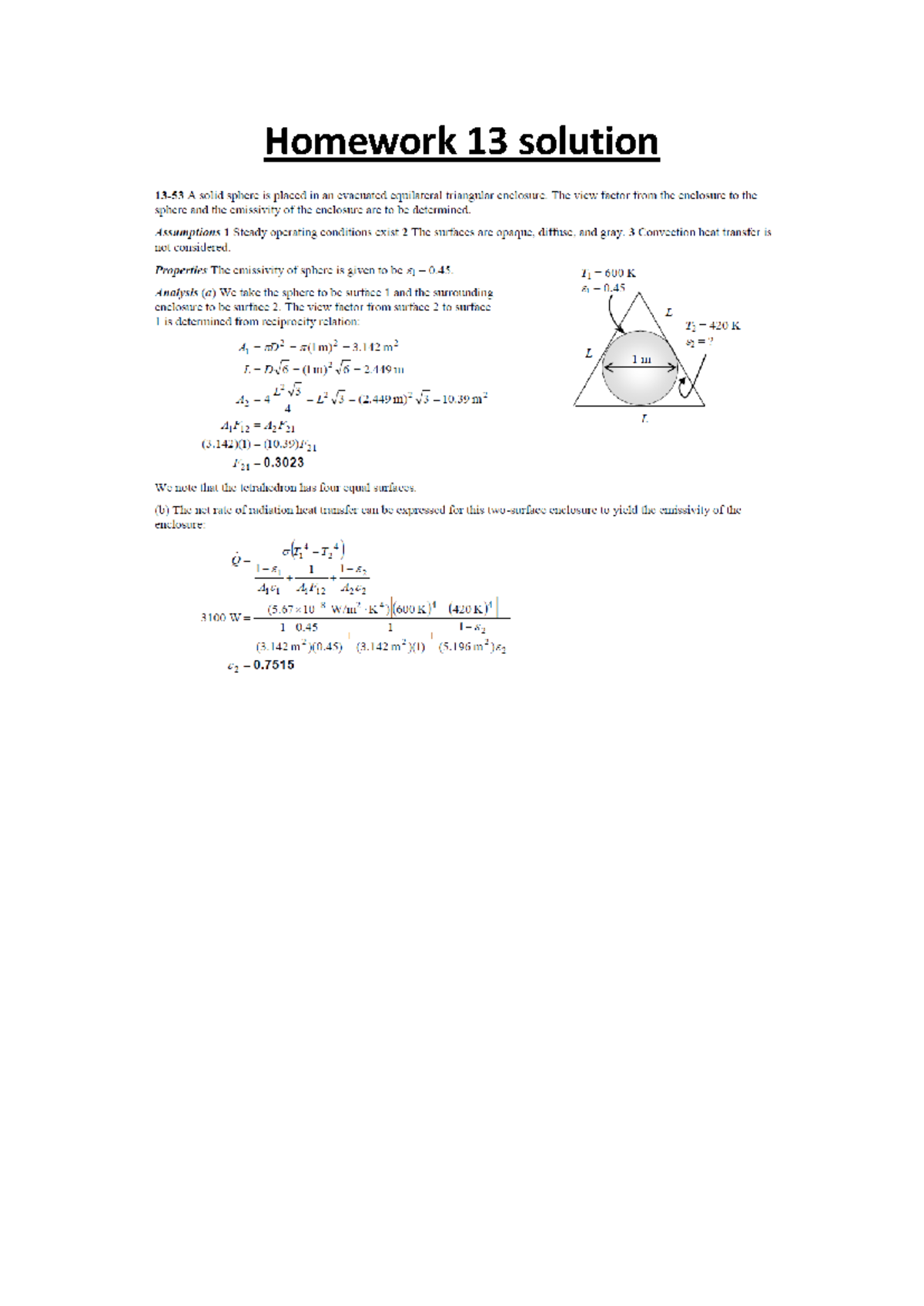 380903 Homework 13 solution - Heat Transfer - Homework 13 solution ...