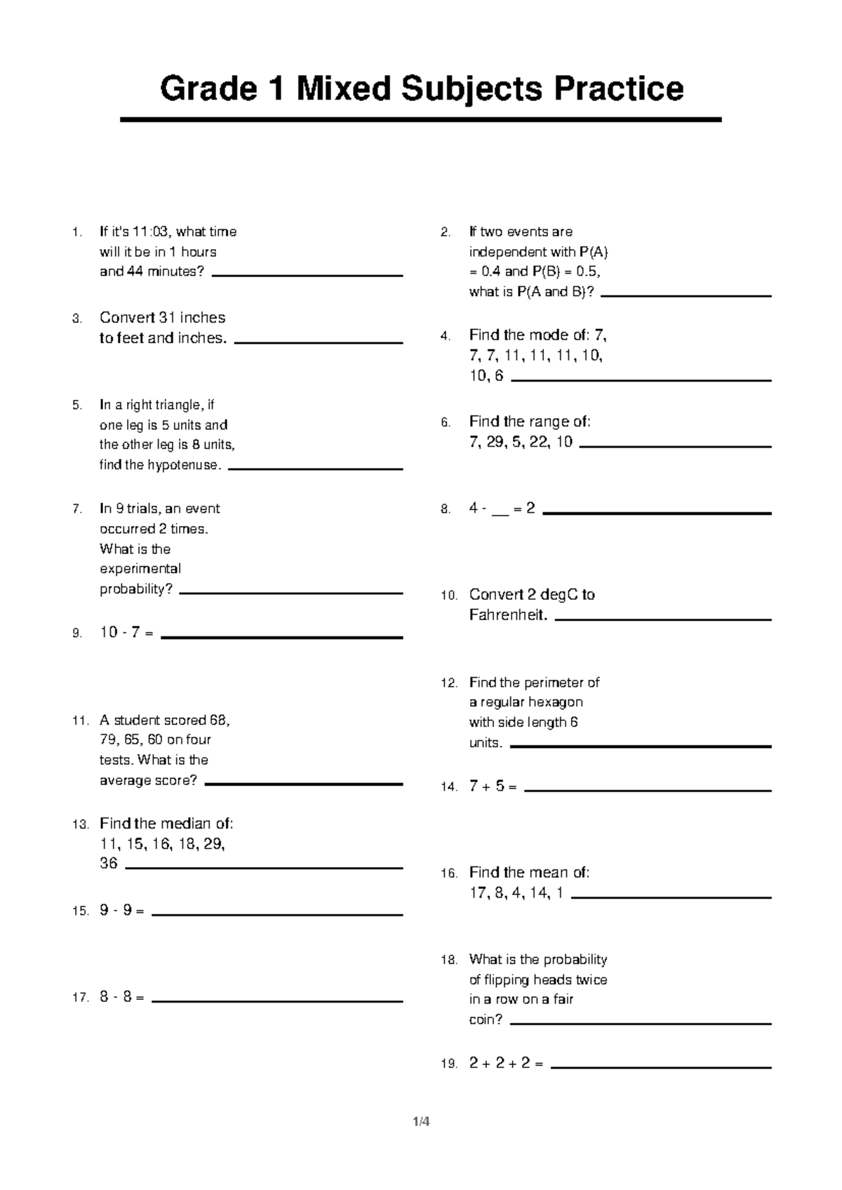 Grade 1 Mixed Subjects Practice 8: Math Problems & Solutions - Studocu