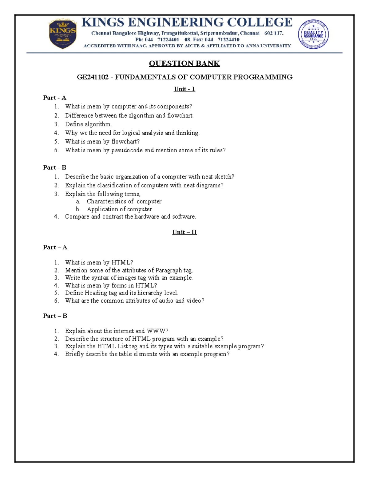GE241102 - Question Bank for Fundamentals of Computer Programming - Studocu