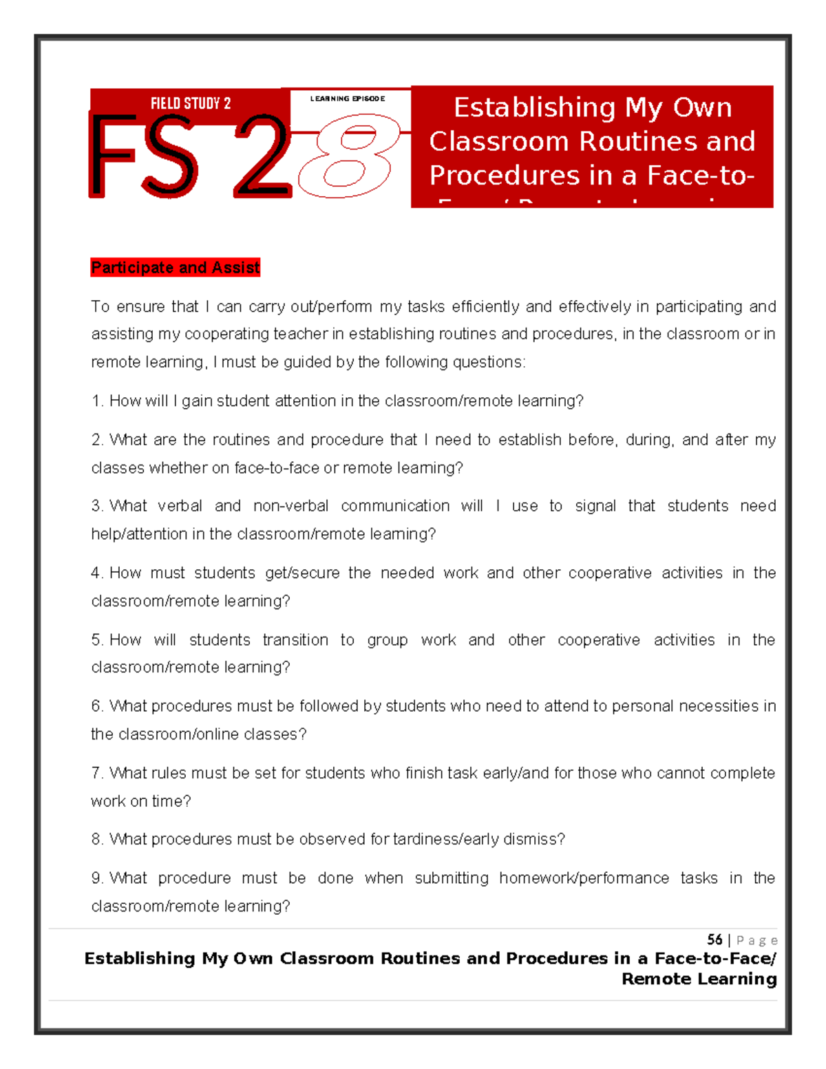 FS2-EP8 - Establishing Classroom Routines for Effective Learning - Studocu