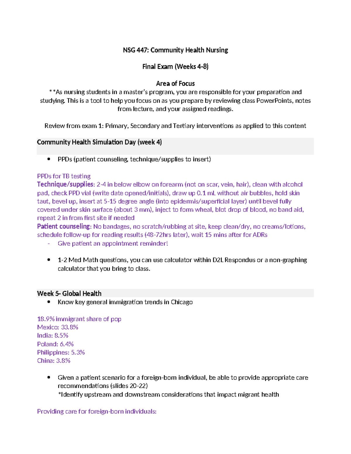 NSG 447: Community Health Nursing Final Exam Study Guide - Studocu