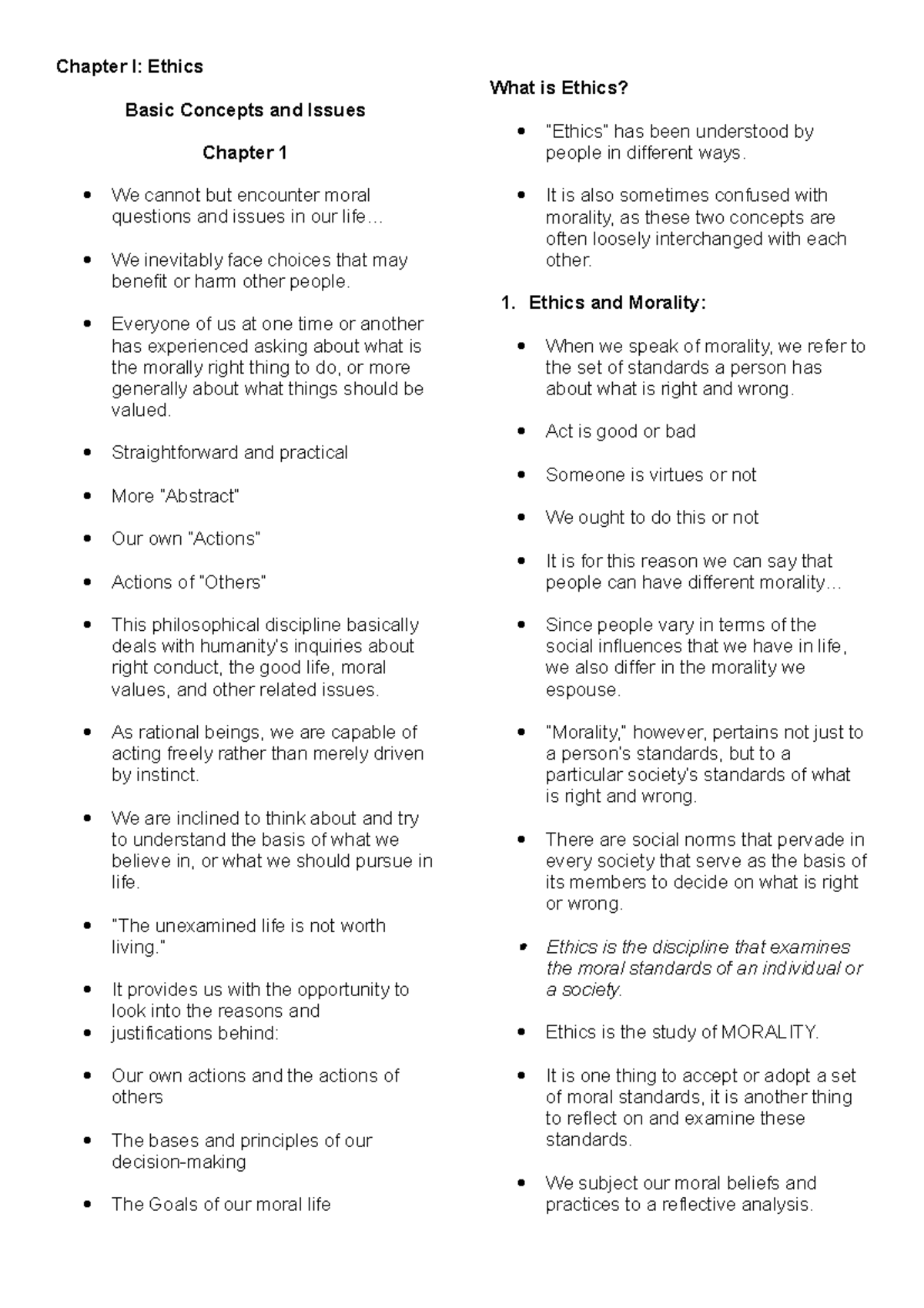 Chapter I Ethics - Lecture notes 1 - Chapter I: Ethics Basic Concepts ...