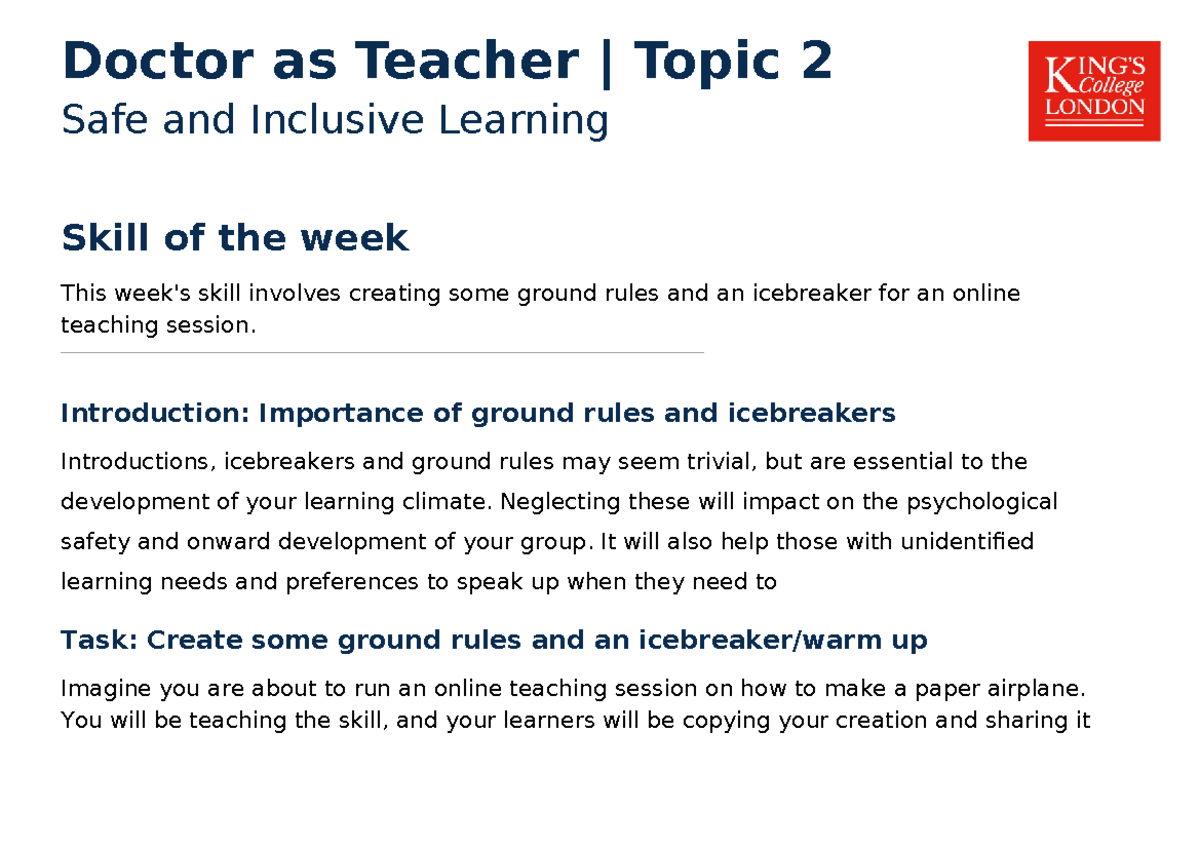DaT 2: Safe & Inclusive Learning - Ground Rules & Icebreakers - Studocu