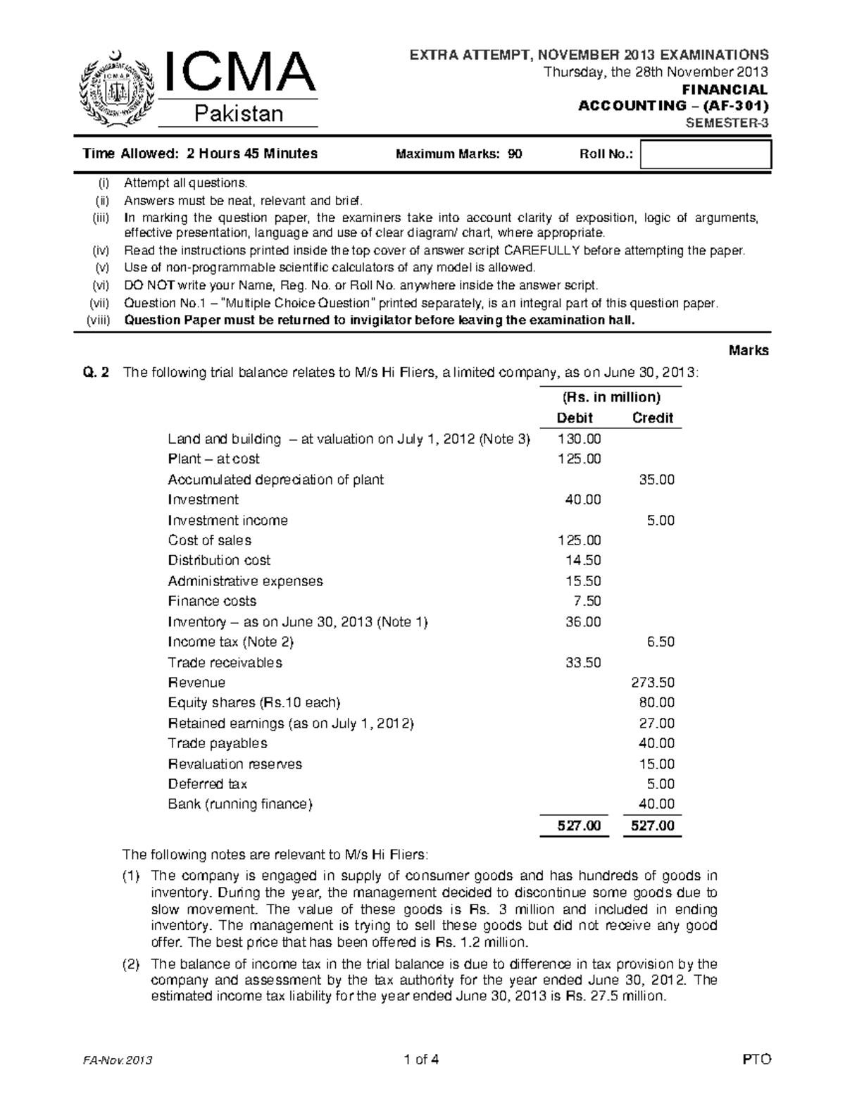 AF-301 Final Exam Extra Attempt November 2013 Paper - Studocu