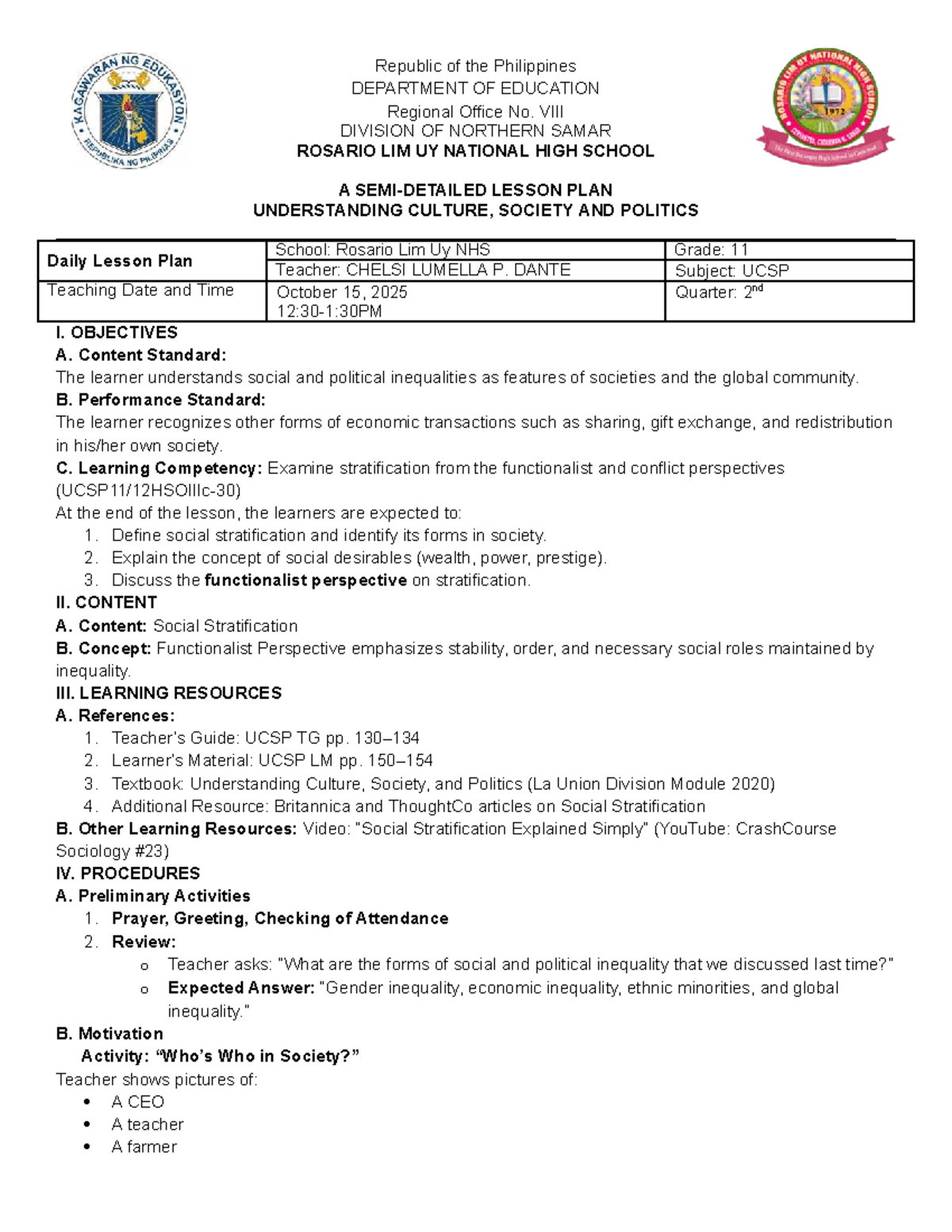 UCSP Lesson Plan: Understanding Social & Political Stratification - Document Preview