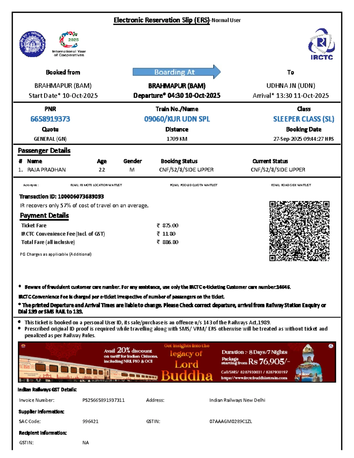Electronic Reservation Slip for Train 6257025932 from Raipur JN to  Vizianagram - Studocu
