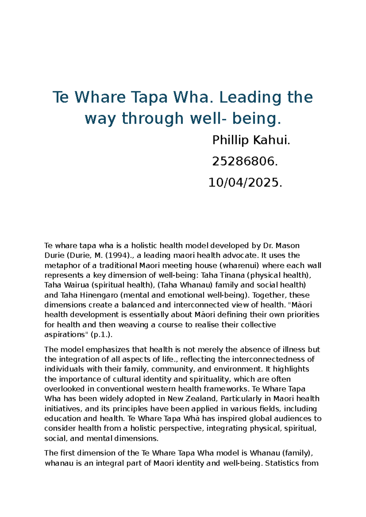 MAOH501 Assignment 1: Understanding Te Whare Tapa Whā Model in Māori ...