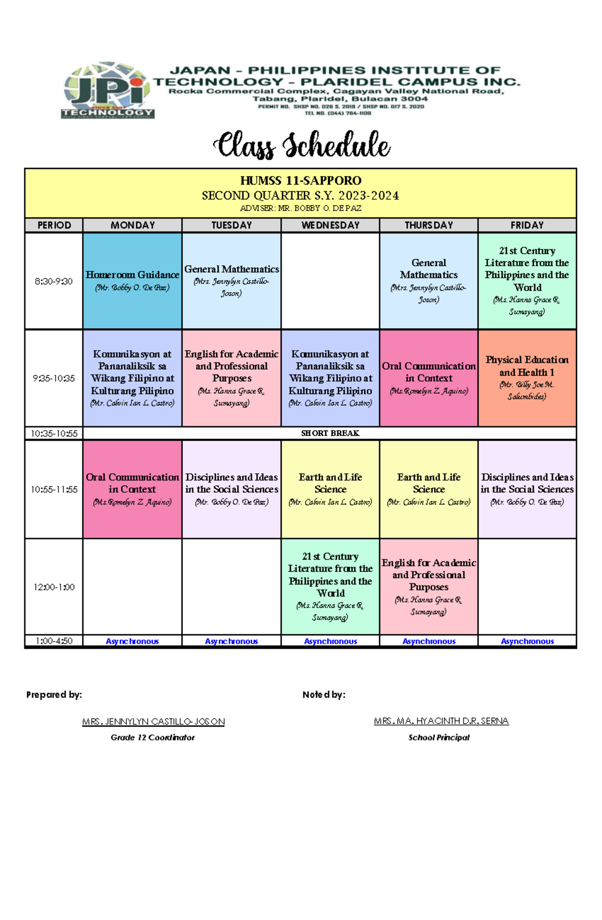 HUMSS-11 Class Schedule for 2nd Quarter S.Y. 2023 - Mr. De Paz - Studocu