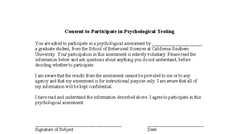 Consent for Psychological Testing - School of Behavioral Sciences - Studocu