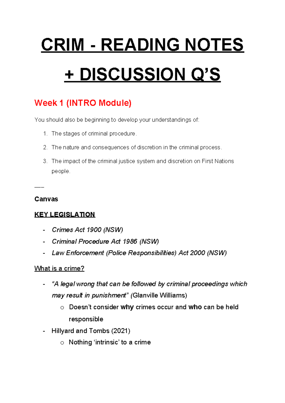 CRIM 101 WEEK 1 READING NOTES: INTRO TO CRIMINAL PROCEDURE - Studocu