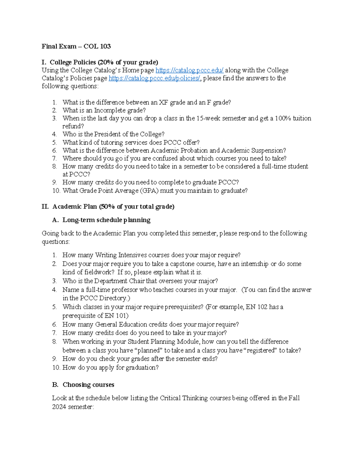 Final Exam Study Guide for COL 103 - College Success FA 24 - Studocu