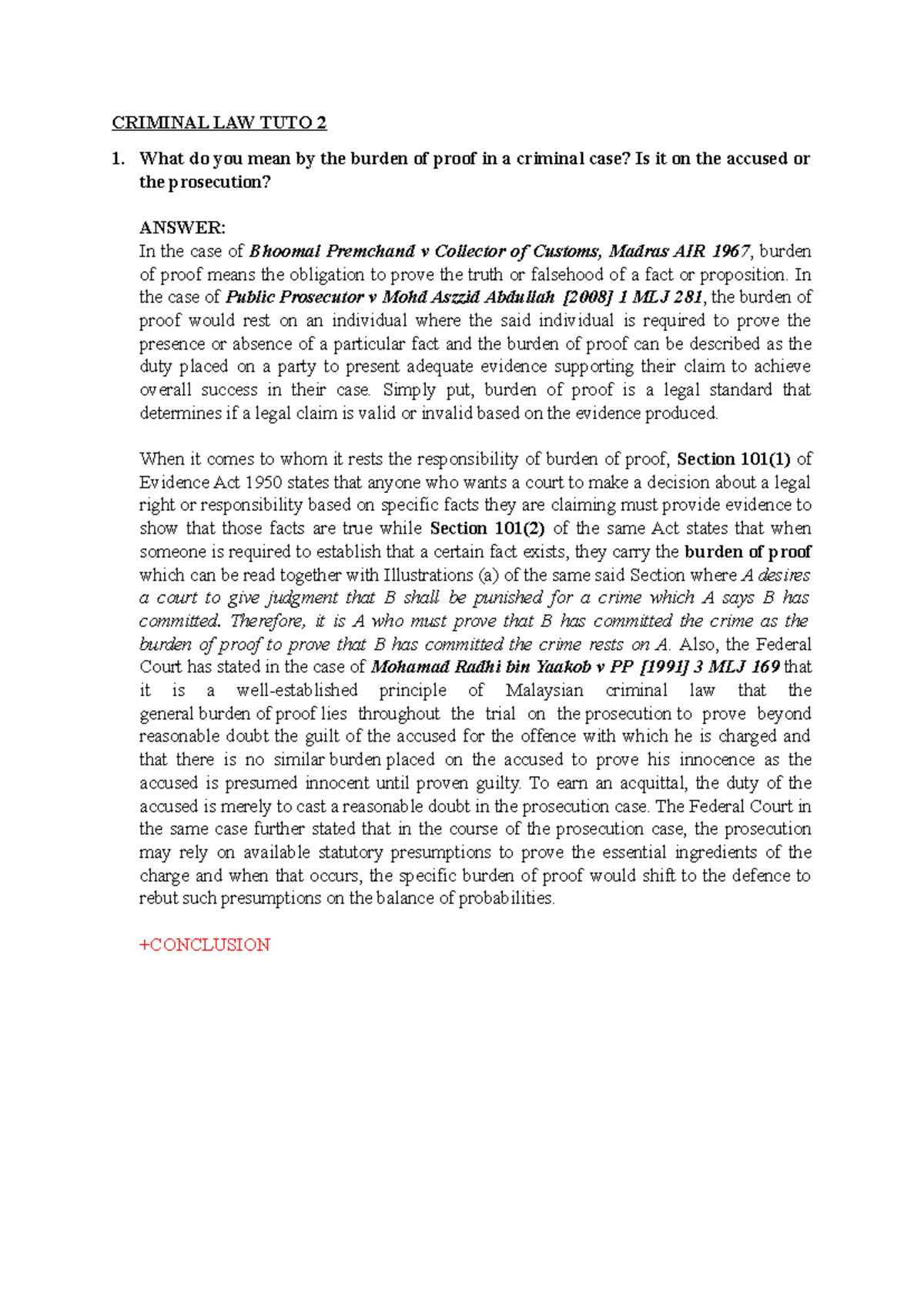 Criminal law tutorial 2: Burden of proof and legal exceptions - Studocu