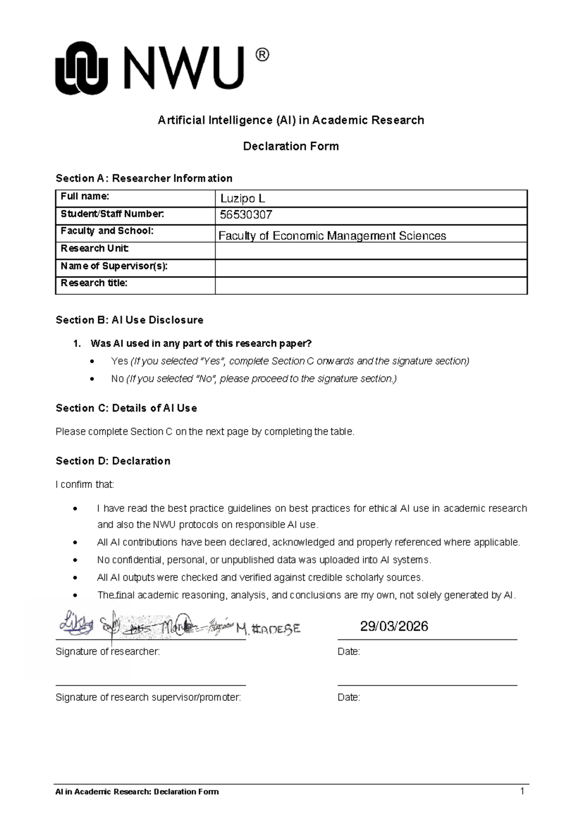 AI in Academic Research Declaration Form (AI 56530307) - Studocu