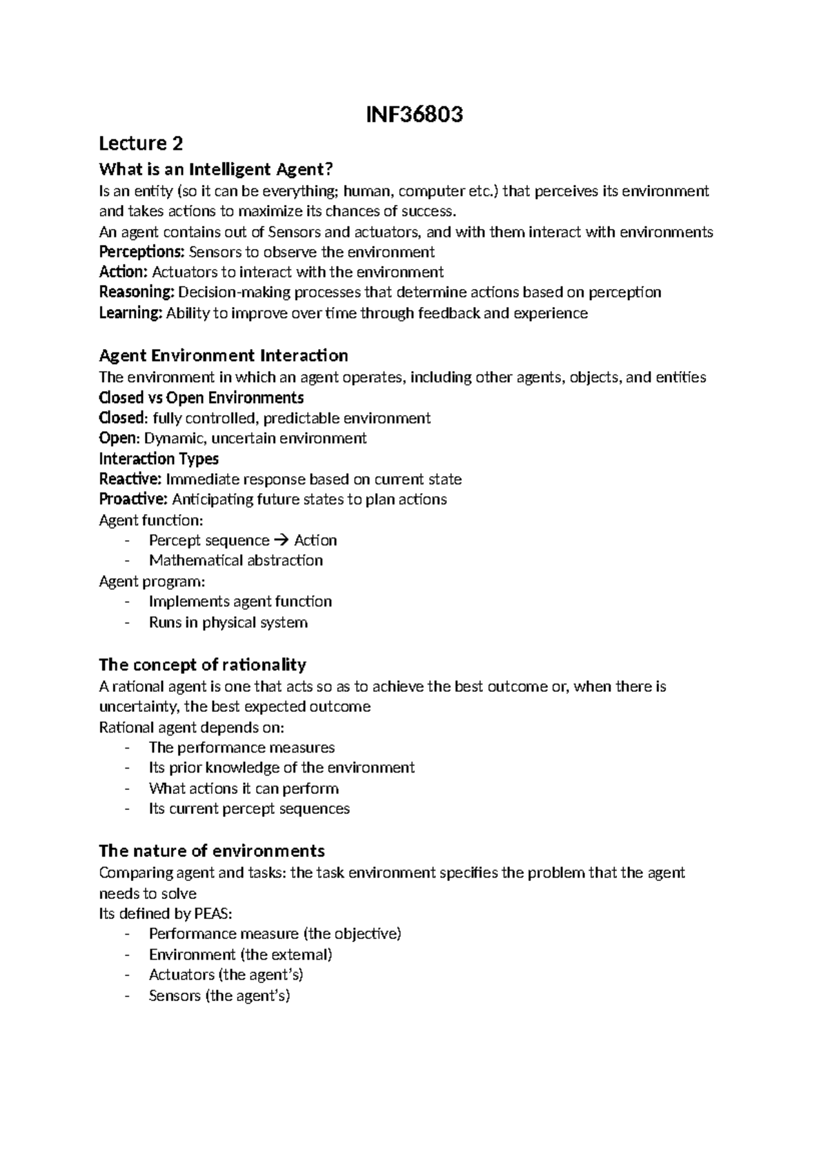INF36803 - College 2 Lecture Notes on Intelligent Agents - Studeersnel